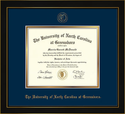 Image of University of North Carolina Greensboro Diploma Frame - Honors Black Satin - w/Embossed Seal & Name - Navy on Gold mat
