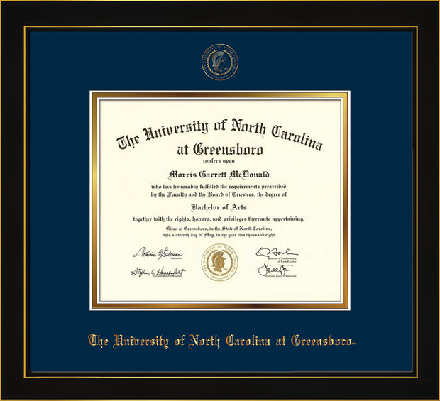 Image of University of North Carolina Greensboro Diploma Frame - Honors Black Satin - w/Embossed Seal & Name - Navy on Gold mat