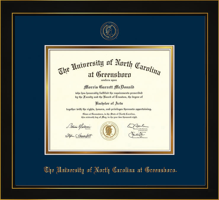 Image of University of North Carolina Greensboro Diploma Frame - Honors Black Satin - w/Embossed Seal & Name - Navy on Gold mat