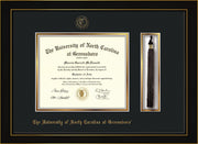 Image of University of North Carolina Greensboro Diploma Frame - Honors Black Satin - w/Embossed Seal & Name - Tassel Holder - Black on Gold mat