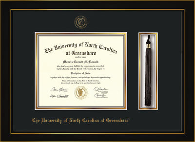 Image of University of North Carolina Greensboro Diploma Frame - Honors Black Satin - w/Embossed Seal & Name - Tassel Holder - Black on Gold mat