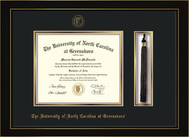 Image of University of North Carolina Greensboro Diploma Frame - Honors Black Satin - w/Embossed Seal & Name - Tassel Holder - Black on Gold mat