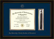 Image of University of North Carolina Greensboro Diploma Frame - Honors Black Satin - w/Embossed Seal & Name - Tassel Holder - Navy on Gold mat