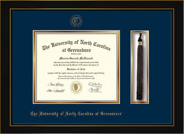 Image of University of North Carolina Greensboro Diploma Frame - Honors Black Satin - w/Embossed Seal & Name - Tassel Holder - Navy on Gold mat