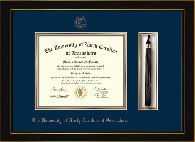 Image of University of North Carolina Greensboro Diploma Frame - Honors Black Satin - w/Embossed Seal & Name - Tassel Holder - Navy on Gold mat