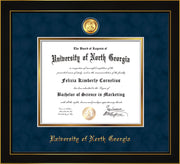 Image of University of North Georgia Diploma Frame - Honors Black Satin - w/24k Gold-Plated Military Medallion & UNG Name Embossing - Navy Suede on Gold mats