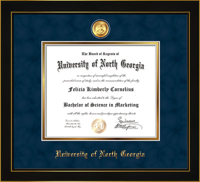 Image of University of North Georgia Diploma Frame - Honors Black Satin - w/24k Gold-Plated Military Medallion & UNG Name Embossing - Navy Suede on Gold mats