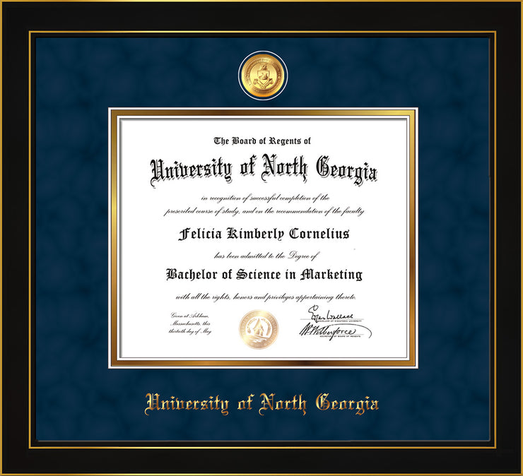 Image of University of North Georgia Diploma Frame - Honors Black Satin - w/24k Gold-Plated Military Medallion & UNG Name Embossing - Navy Suede on Gold mats