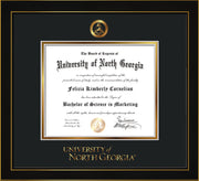 Image of University of North Georgia Diploma Frame - Honors Black Satin - w/Embossed Military Seal & UNG Wordmark - Black on Gold mat