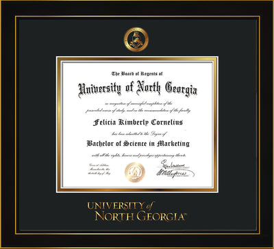 Image of University of North Georgia Diploma Frame - Honors Black Satin - w/Embossed Military Seal & UNG Wordmark - Black on Gold mat