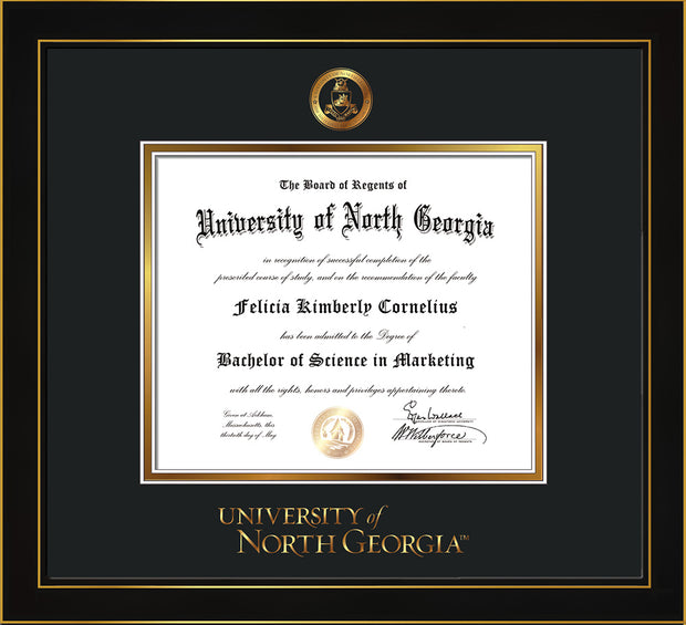 Image of University of North Georgia Diploma Frame - Honors Black Satin - w/Embossed Military Seal & UNG Wordmark - Black on Gold mat