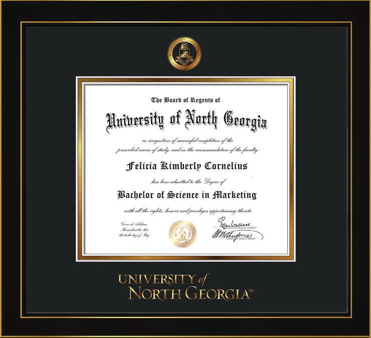Image of University of North Georgia Diploma Frame - Honors Black Satin - w/Embossed Military Seal & UNG Wordmark - Black on Gold mat
