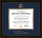 Image of University of North Georgia Diploma Frame - Honors Black Satin - w/Embossed Military Seal & UNG Wordmark - Navy on Gold mat
