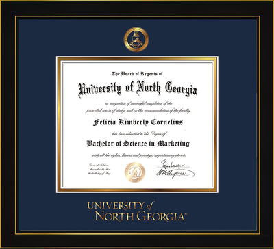 Image of University of North Georgia Diploma Frame - Honors Black Satin - w/Embossed Military Seal & UNG Wordmark - Navy on Gold mat
