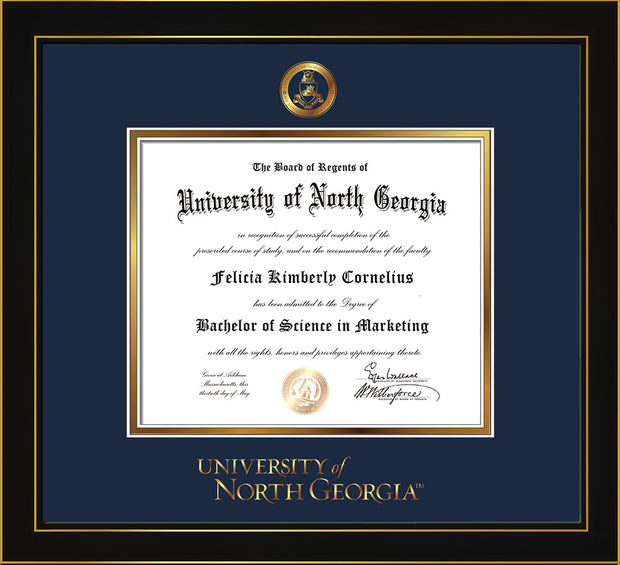 Image of University of North Georgia Diploma Frame - Honors Black Satin - w/Embossed Military Seal & UNG Wordmark - Navy on Gold mat