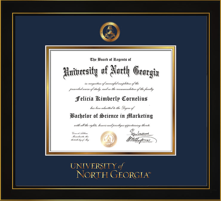 Image of University of North Georgia Diploma Frame - Honors Black Satin - w/Embossed Military Seal & UNG Wordmark - Navy on Gold mat