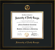 Image of University of North Georgia Diploma Frame - Honors Black Satin - w/Embossed Military Seal & UNG Name - Black on Gold mat