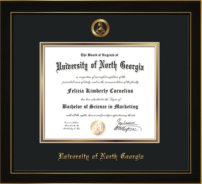 Image of University of North Georgia Diploma Frame - Honors Black Satin - w/Embossed Military Seal & UNG Name - Black on Gold mat