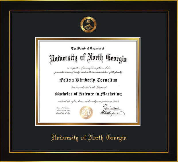 Image of University of North Georgia Diploma Frame - Honors Black Satin - w/Embossed Military Seal & UNG Name - Black on Gold mat