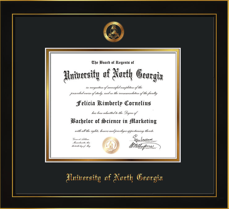 Image of University of North Georgia Diploma Frame - Honors Black Satin - w/Embossed Military Seal & UNG Name - Black on Gold mat
