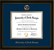 Image of University of North Georgia Diploma Frame - Honors Black Satin - w/Embossed Military Seal & UNG Name - Navy on Gold mat
