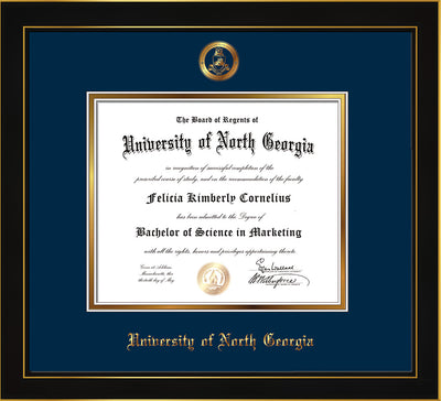 Image of University of North Georgia Diploma Frame - Honors Black Satin - w/Embossed Military Seal & UNG Name - Navy on Gold mat