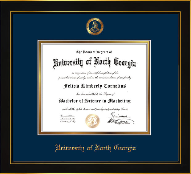 Image of University of North Georgia Diploma Frame - Honors Black Satin - w/Embossed Military Seal & UNG Name - Navy on Gold mat