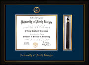 Image of University of North Georgia Diploma Frame - Honors Black Satin - w/Embossed Military Seal & UNG Name - Tassel Holder - Navy on Gold mat