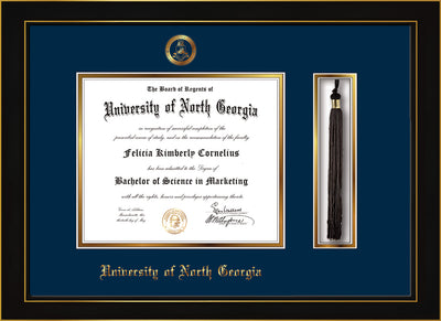 Image of University of North Georgia Diploma Frame - Honors Black Satin - w/Embossed Military Seal & UNG Name - Tassel Holder - Navy on Gold mat