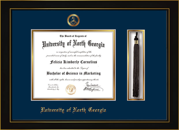 Image of University of North Georgia Diploma Frame - Honors Black Satin - w/Embossed Military Seal & UNG Name - Tassel Holder - Navy on Gold mat