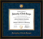 Image of University of North Georgia Diploma Frame - Honors Black Satin - w/24k Gold-Plated UNG Medallion & Name Embossing - Navy Suede on Gold mats