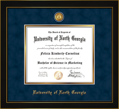 Image of University of North Georgia Diploma Frame - Honors Black Satin - w/24k Gold-Plated UNG Medallion & Name Embossing - Navy Suede on Gold mats