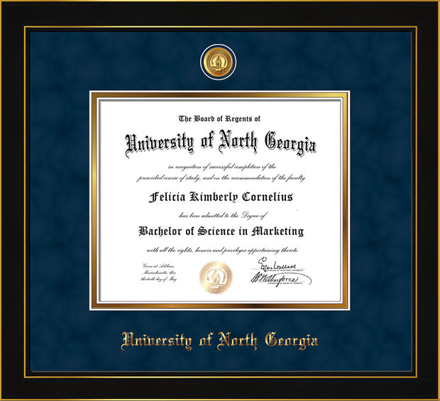 Image of University of North Georgia Diploma Frame - Honors Black Satin - w/24k Gold-Plated UNG Medallion & Name Embossing - Navy Suede on Gold mats