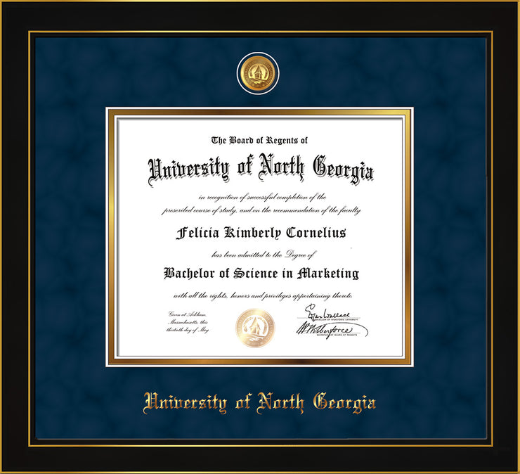 Image of University of North Georgia Diploma Frame - Honors Black Satin - w/24k Gold-Plated UNG Medallion & Name Embossing - Navy Suede on Gold mats