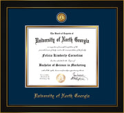 Image of University of North Georgia Diploma Frame - Honors Black Satin - w/24k Gold-Plated UNG Medallion & Name Embossing - Navy on Gold mats