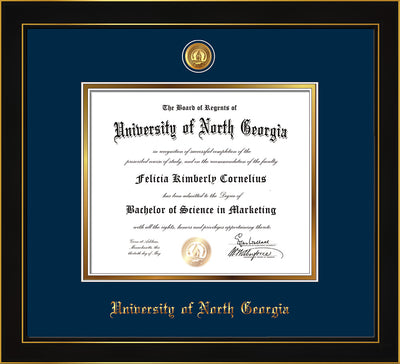 Image of University of North Georgia Diploma Frame - Honors Black Satin - w/24k Gold-Plated UNG Medallion & Name Embossing - Navy on Gold mats