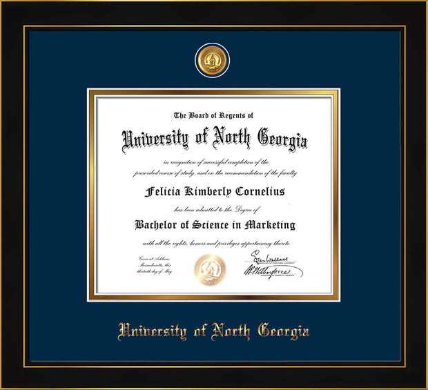 Image of University of North Georgia Diploma Frame - Honors Black Satin - w/24k Gold-Plated UNG Medallion & Name Embossing - Navy on Gold mats