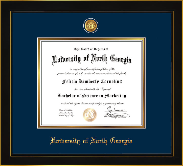 Image of University of North Georgia Diploma Frame - Honors Black Satin - w/24k Gold-Plated UNG Medallion & Name Embossing - Navy on Gold mats