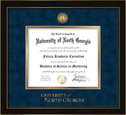Image of University of North Georgia Diploma Frame - Honors Black Satin - w/24k Gold-Plated UNG Medallion & Wordmark Embossing - Navy Suede on Gold mats