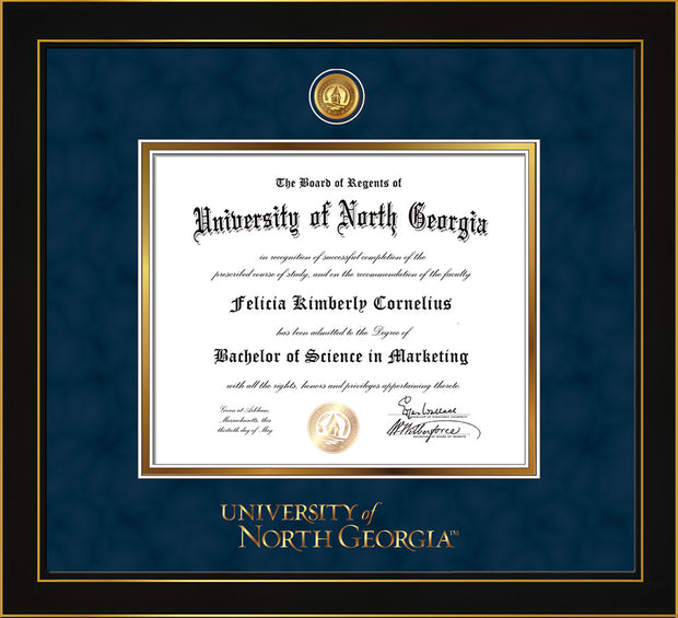 Image of University of North Georgia Diploma Frame - Honors Black Satin - w/24k Gold-Plated UNG Medallion & Wordmark Embossing - Navy Suede on Gold mats