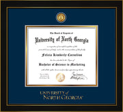 Image of University of North Georgia Diploma Frame - Honors Black Satin - w/24k Gold-Plated UNG Medallion & Wordmark Embossing - Navy on Gold mats