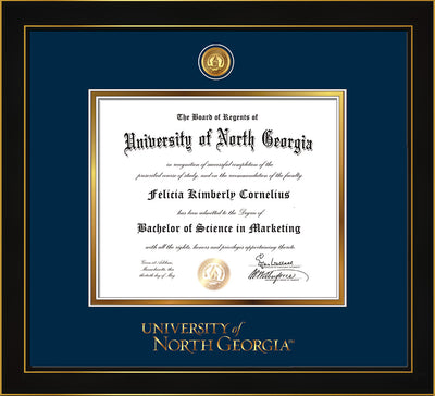 Image of University of North Georgia Diploma Frame - Honors Black Satin - w/24k Gold-Plated UNG Medallion & Wordmark Embossing - Navy on Gold mats
