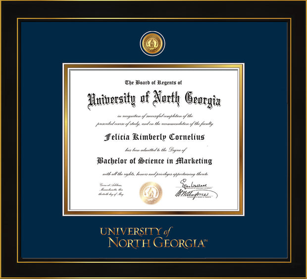 Image of University of North Georgia Diploma Frame - Honors Black Satin - w/24k Gold-Plated UNG Medallion & Wordmark Embossing - Navy on Gold mats