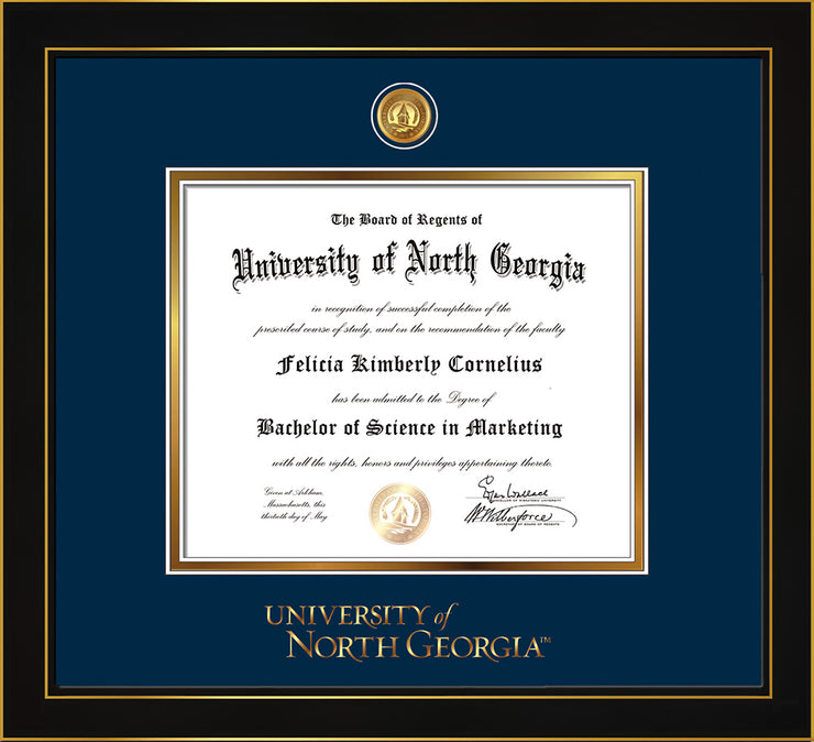 Image of University of North Georgia Diploma Frame - Honors Black Satin - w/24k Gold-Plated UNG Medallion & Wordmark Embossing - Navy on Gold mats