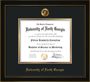Image of University of North Georgia Diploma Frame - Honors Black Satin - w/Embossed UNG Seal & Name - Black on Gold mat