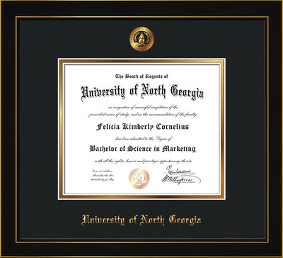 Image of University of North Georgia Diploma Frame - Honors Black Satin - w/Embossed UNG Seal & Name - Black on Gold mat
