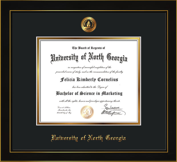 Image of University of North Georgia Diploma Frame - Honors Black Satin - w/Embossed UNG Seal & Name - Black on Gold mat