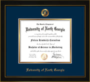 Image of University of North Georgia Diploma Frame - Honors Black Satin - w/Embossed UNG Seal & Name - Navy on Gold mat