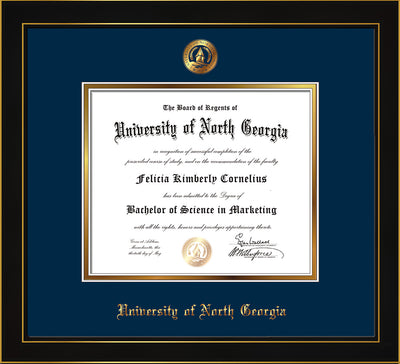 Image of University of North Georgia Diploma Frame - Honors Black Satin - w/Embossed UNG Seal & Name - Navy on Gold mat