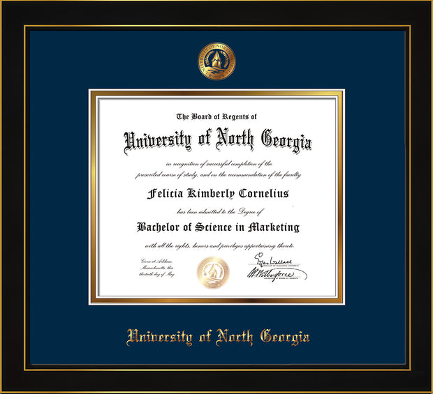 Image of University of North Georgia Diploma Frame - Honors Black Satin - w/Embossed UNG Seal & Name - Navy on Gold mat